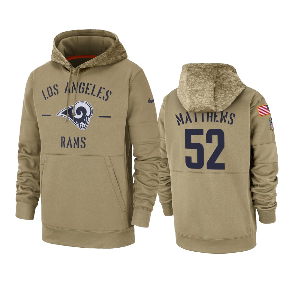 Men's Los Angeles Rams #52 Clay Matthews Tan 2019 Salute to Service Sideline Therma Pullover Hoodie